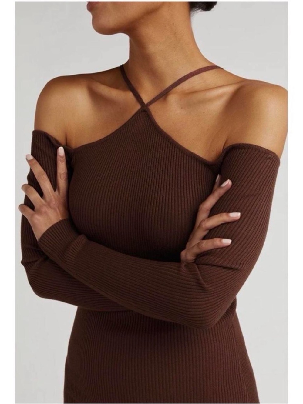 Dissh- Off-Shoulder Strappy Ribbed Maxi Dress in Brown - Picture 2 of 7